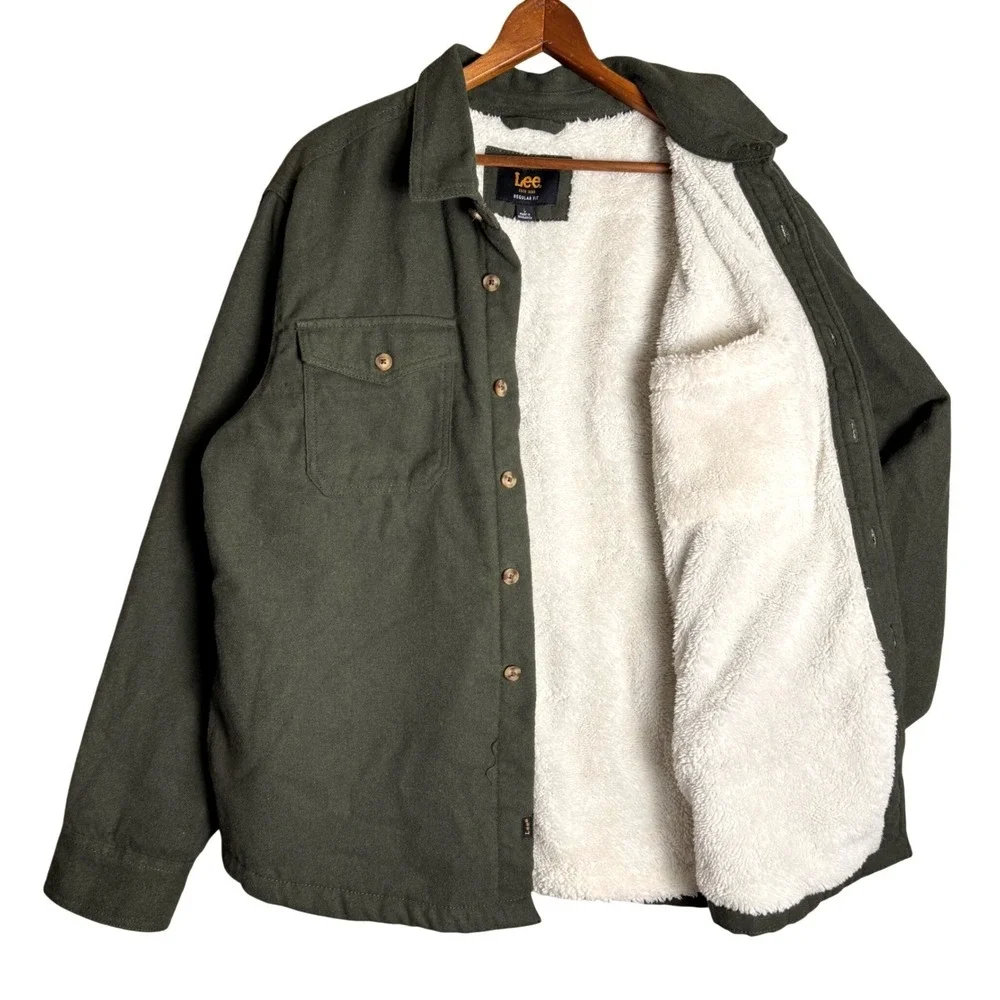 Lee Mens Regular Fit Sherpa Lined Shirt Jacket Olive Green Heavyweight Large